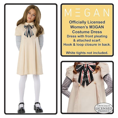 Megan Horror Movie Beige Fancy Costume w/ Grey & White Tshirt, Bow Tie and Stockings - Size L -  Age 7 to 9