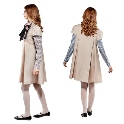 Megan Horror Movie Beige Fancy Costume w/ Grey & White Tshirt, Bow Tie and Stockings - Size L -  Age 7 to 9