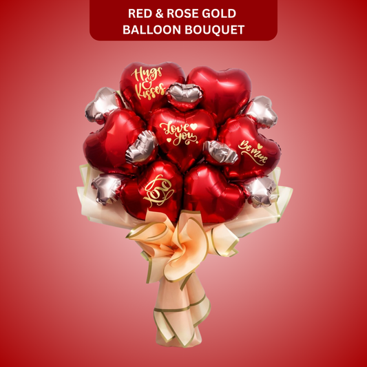 Red & Rose Gold Love You Text Foil Balloon Bouquet - 3PC