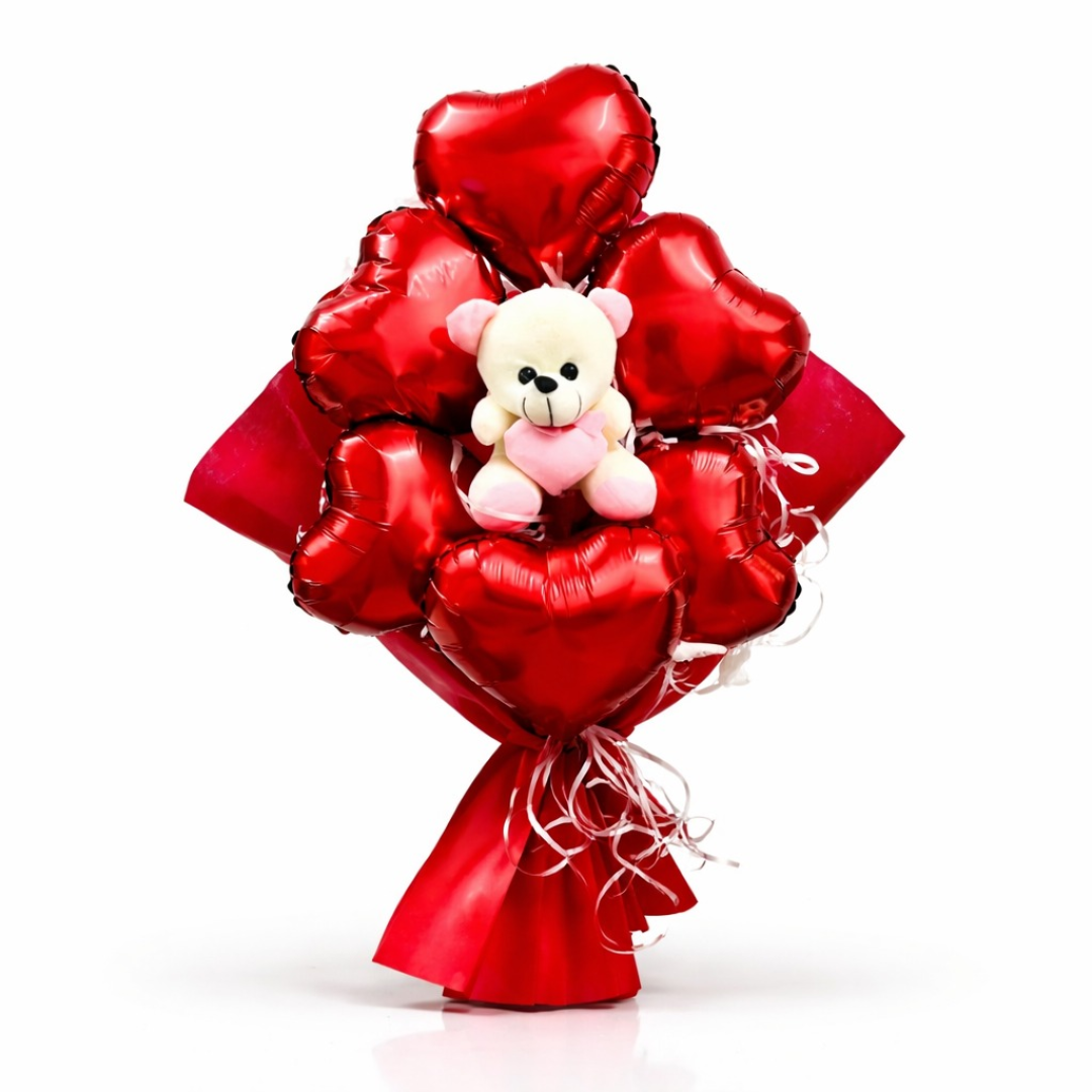 Red Heart Teddy Foil Balloon Bouquet | Pre Filled & Delivered Inflated | Anniversary or Surprise Gift Bouquet