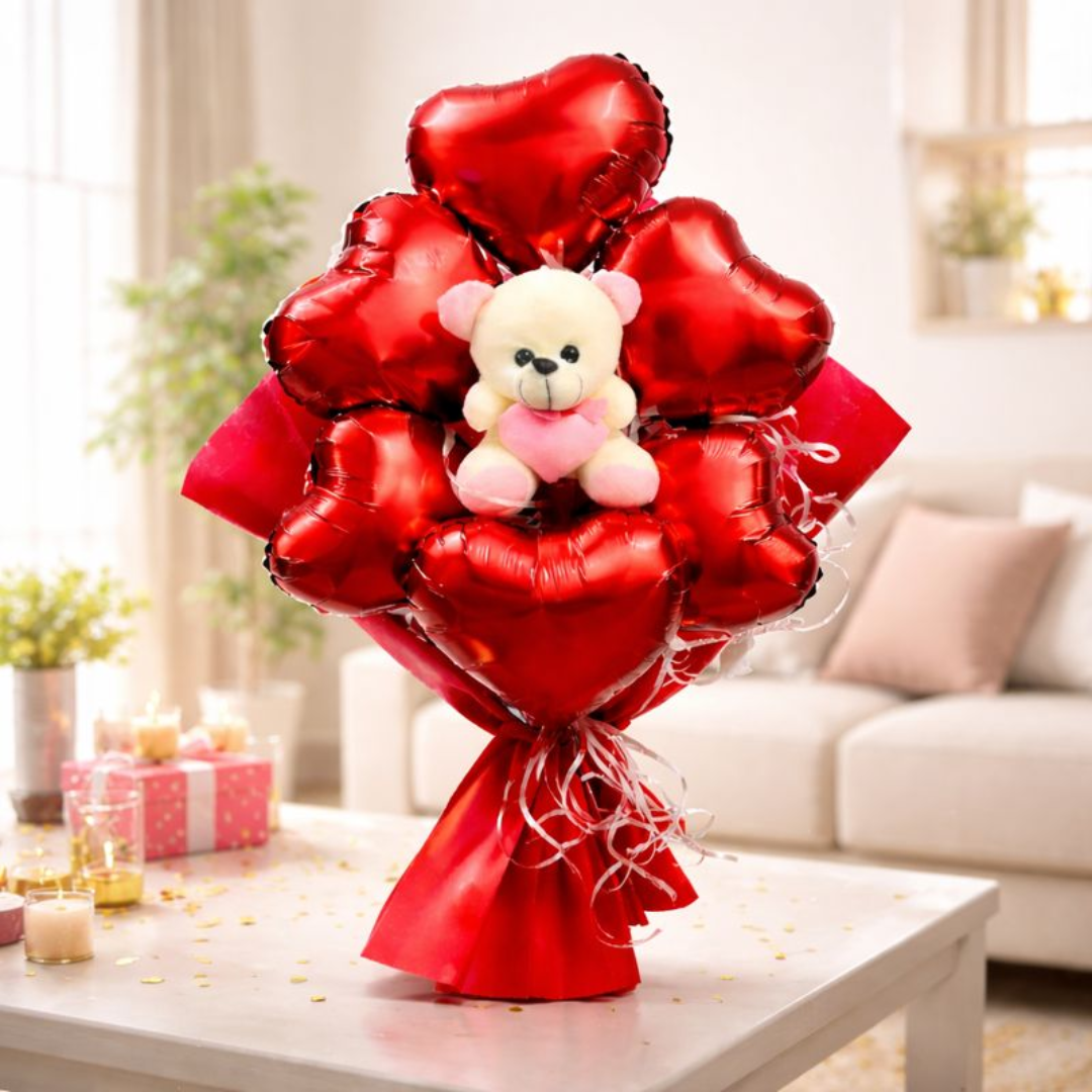 Red Heart Teddy Foil Balloon Bouquet | Pre Filled & Delivered Inflated | Anniversary or Surprise Gift Bouquet