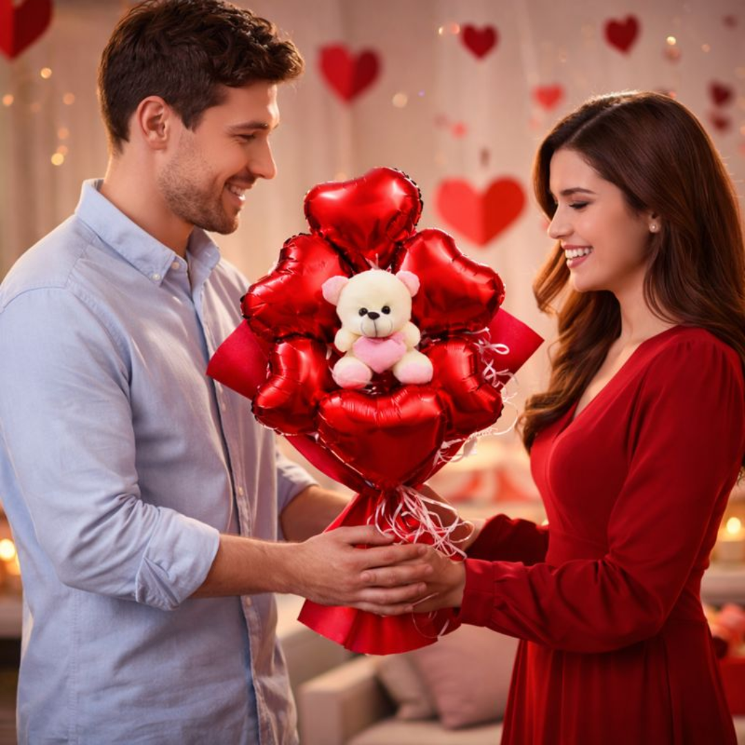 Red Heart Teddy Foil Balloon Bouquet | Pre Filled & Delivered Inflated | Anniversary or Surprise Gift Bouquet