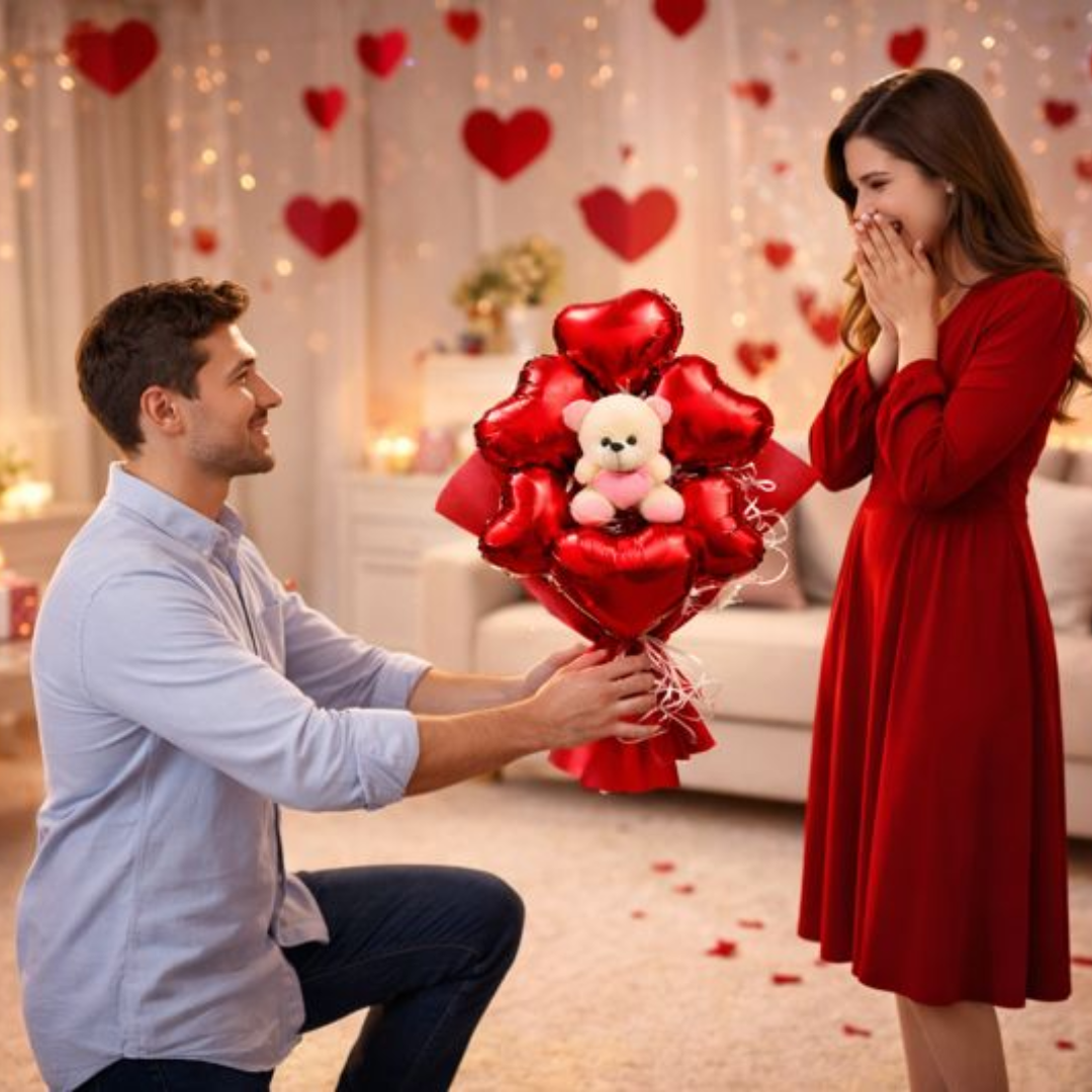 Red Heart Teddy Foil Balloon Bouquet | Pre Filled & Delivered Inflated | Anniversary or Surprise Gift Bouquet