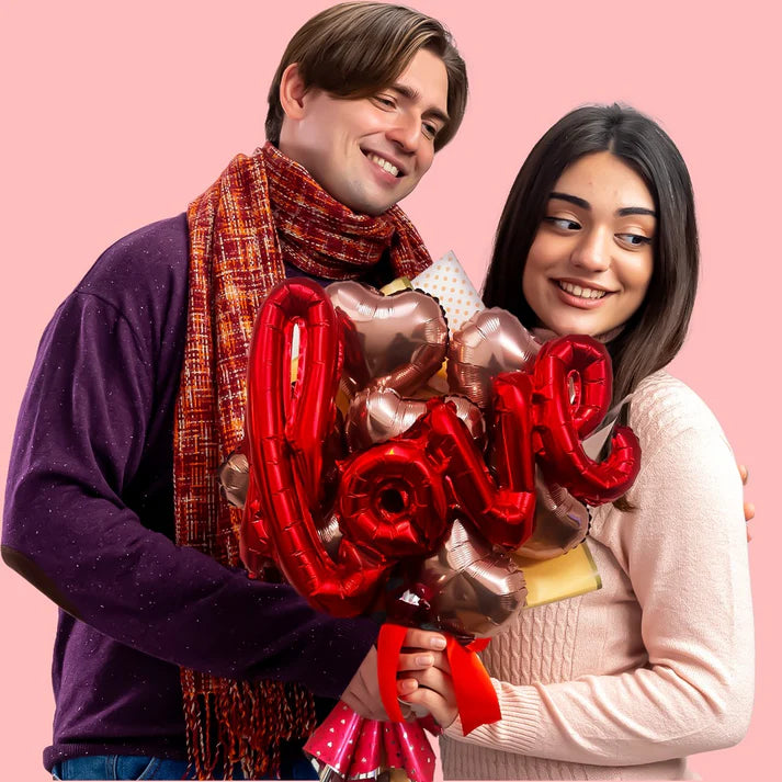 Rose Gold Heart Shape Foil Balloon Set w/ Red L-O-V-E Shaped Foil Ballon - 8PC