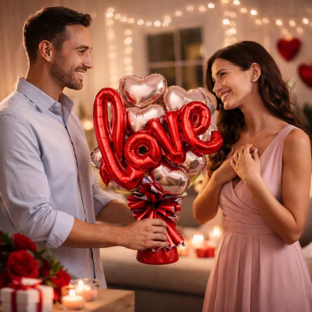 Rose Gold Heart Shape Foil Balloon Set w/ Red L-O-V-E Shaped Foil Ballon - 8PC