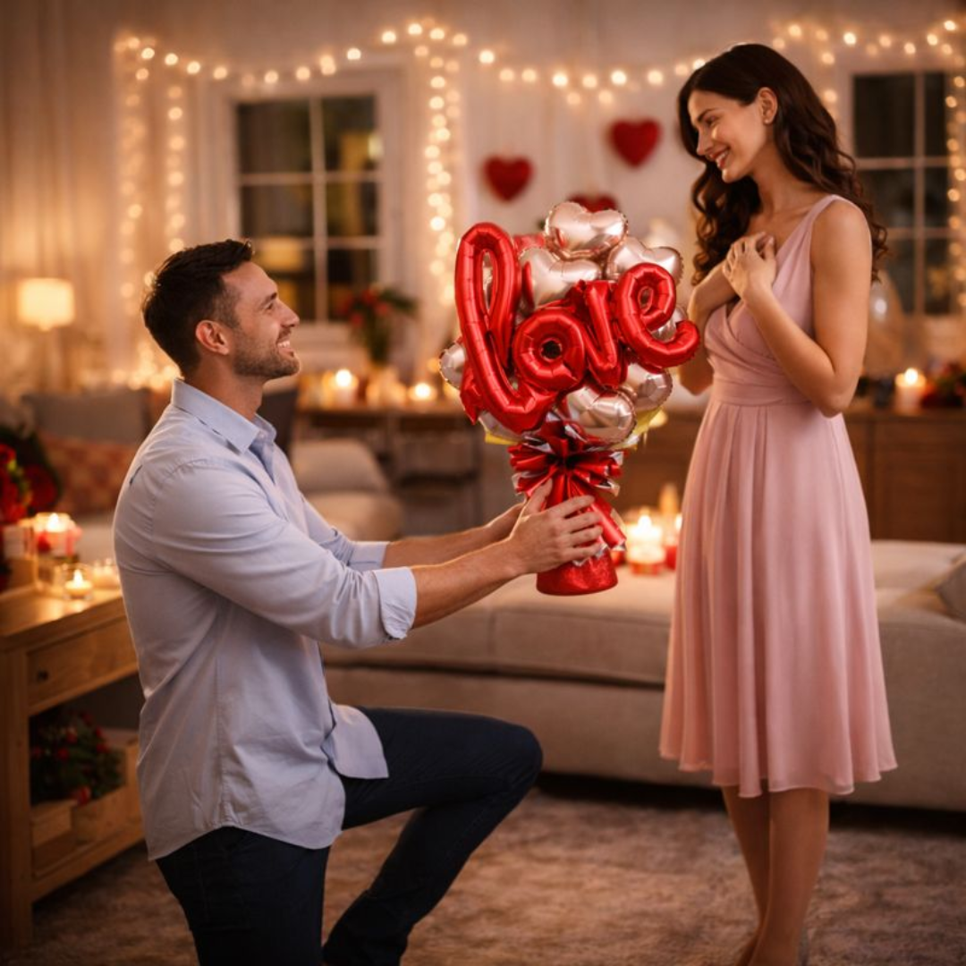 Rose Gold Heart Shape Foil Balloon Set w/ Red L-O-V-E Shaped Foil Ballon - 8PC