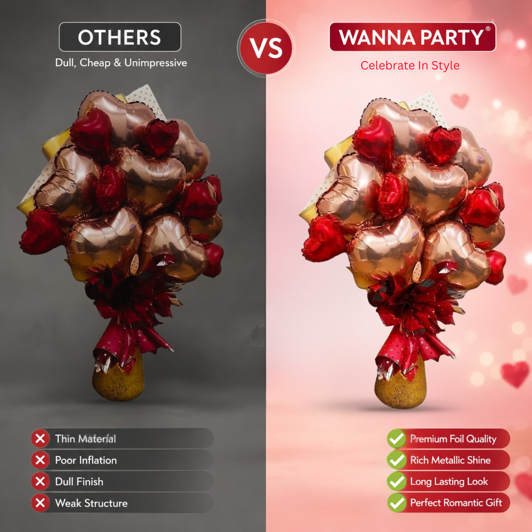 Rose Gold & Red Heart Foil Balloon Bouquet Set | Air Filled & Delivered Inflated | Romantic & Surprise Gift Bouquet