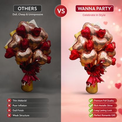 Rose Gold & Red Heart Foil Balloon Bouquet Set | Air Filled & Delivered Inflated | Romantic & Surprise Gift Bouquet