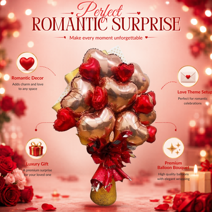 Rose Gold & Red Heart Foil Balloon Bouquet Set | Air Filled & Delivered Inflated | Romantic & Surprise Gift Bouquet
