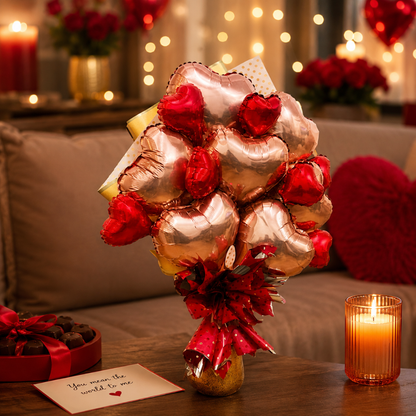Rose Gold & Red Heart Foil Balloon Bouquet Set | Air Filled & Delivered Inflated | Romantic & Surprise Gift Bouquet