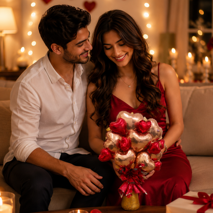 Rose Gold & Red Heart Foil Balloon Bouquet Set | Air Filled & Delivered Inflated | Romantic & Surprise Gift Bouquet