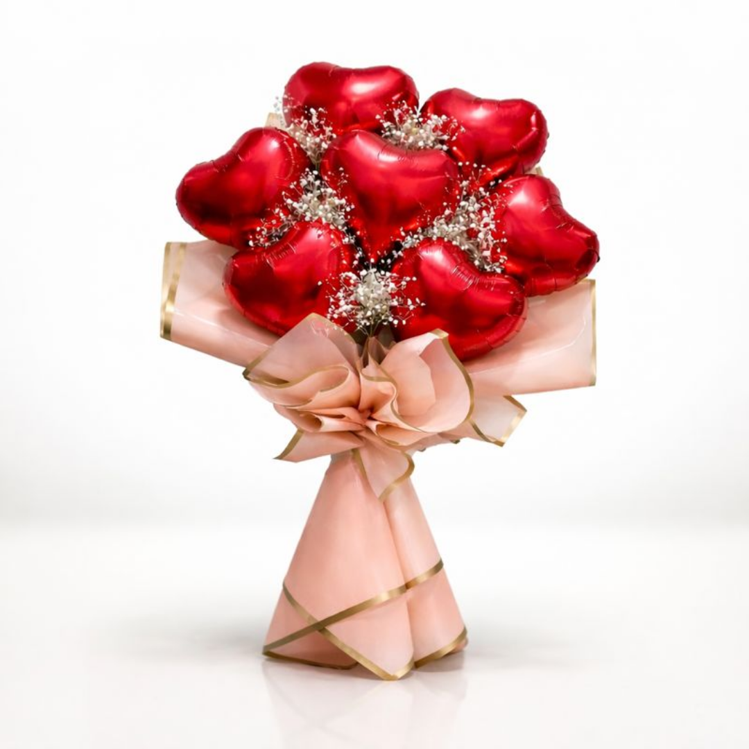 Red Heart Shape Foil Balloon Set w/ Gymsum Flowers - Air Filled - 10 inches - 7PC