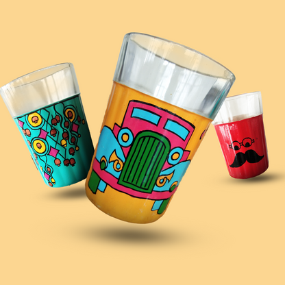 Cutting Chai Painted Glasses With Cup Holder  - 6PC