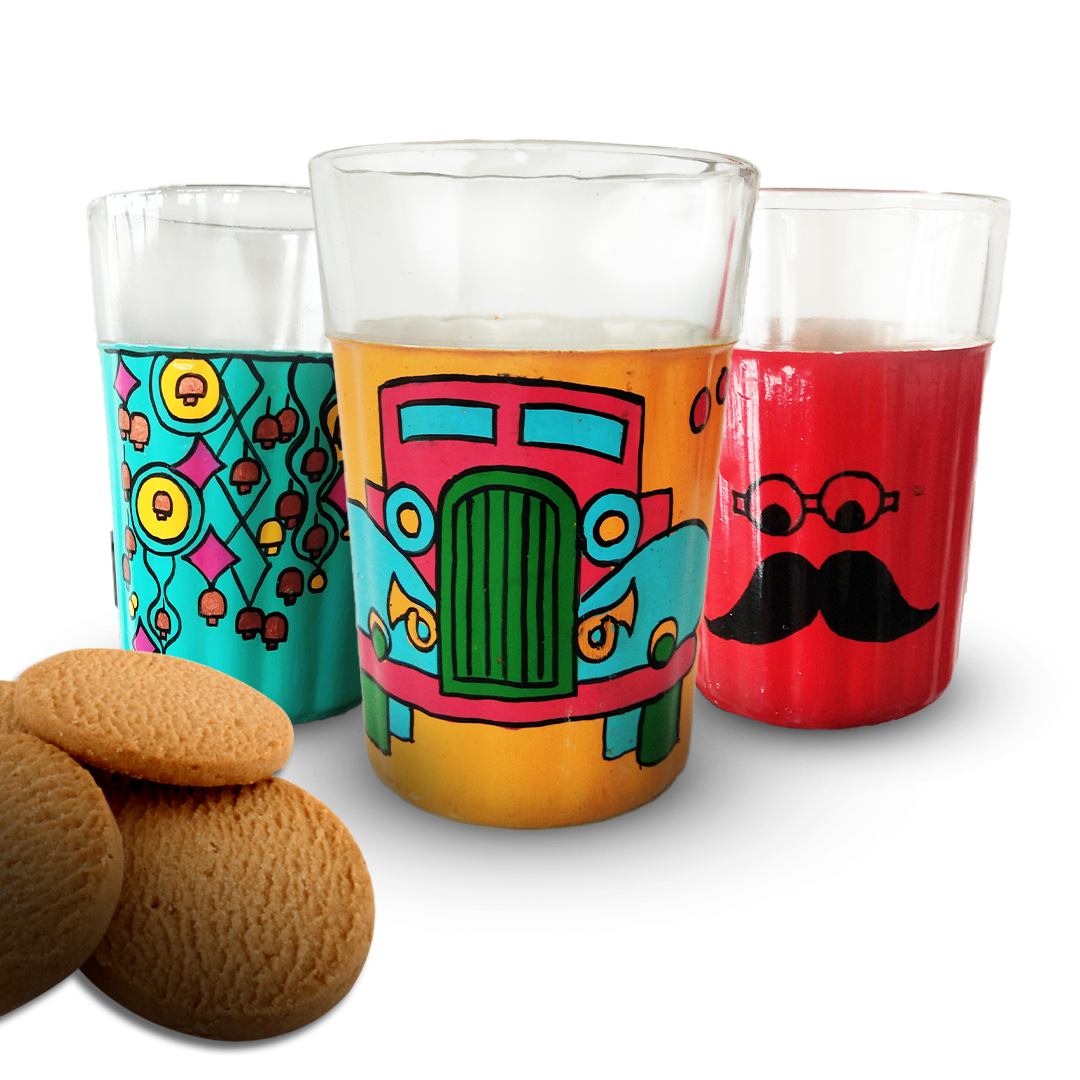 Cutting Chai Painted Glasses With Cup Holder  - 6PC