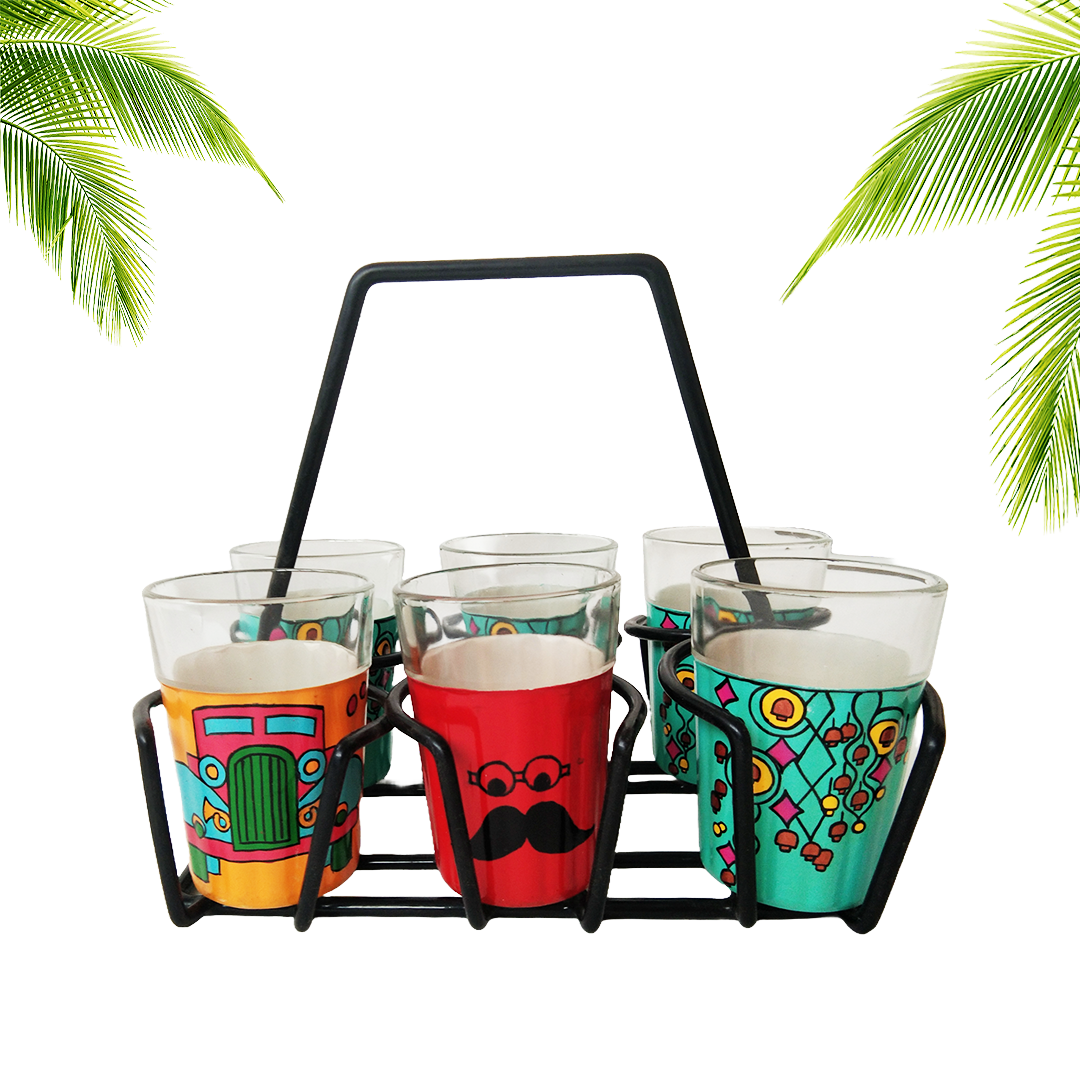 Cutting Chai Painted Glasses With Cup Holder  - 6PC