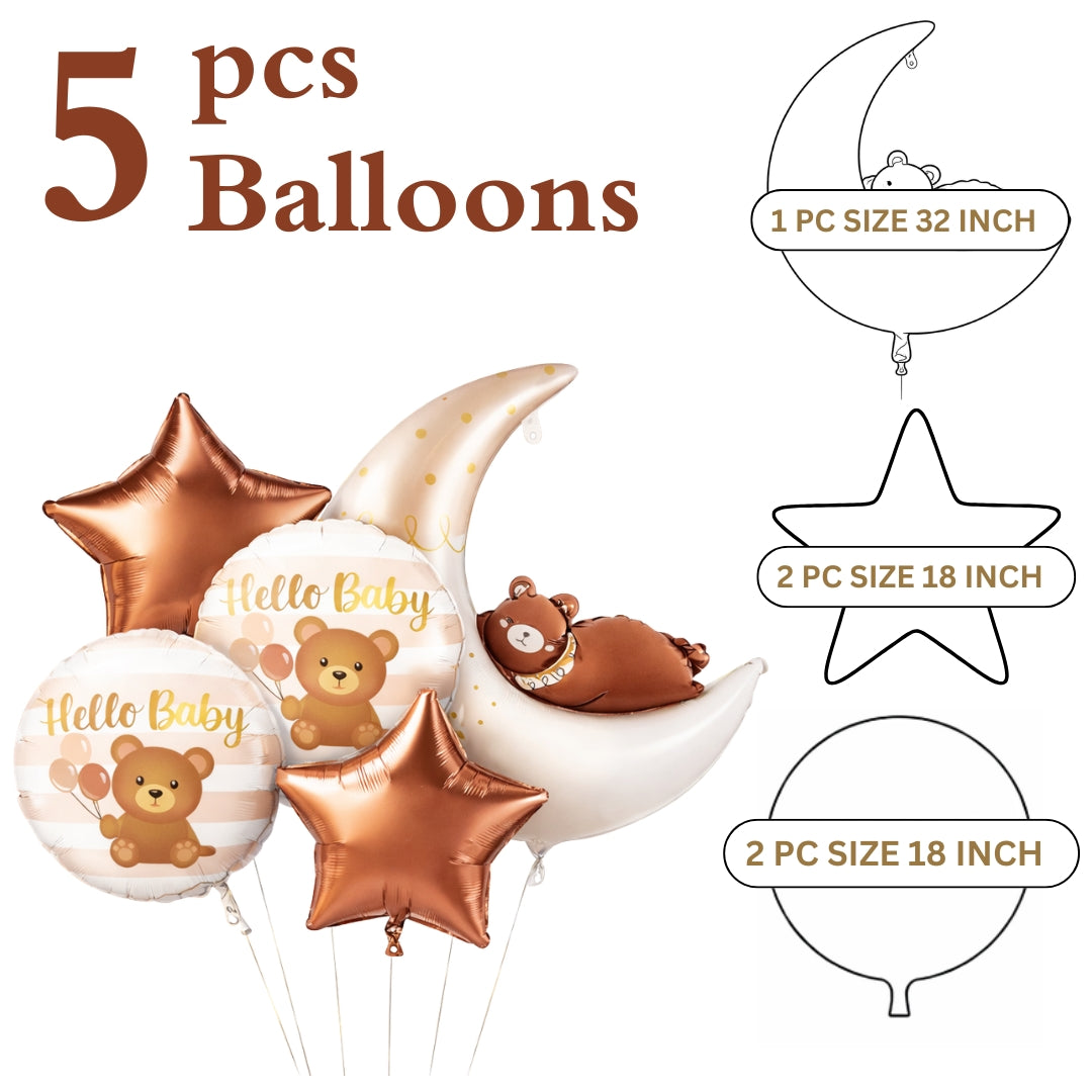 Welcome Baby Moon and Bear Shaped Helium Filled Balloon Bouqet Set of 5PC