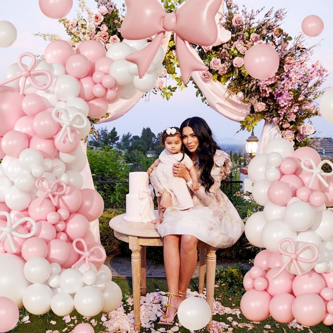 Pink Bow Foil Balloon with Pastel Pink and White Balloon Garland Kit - 80PC