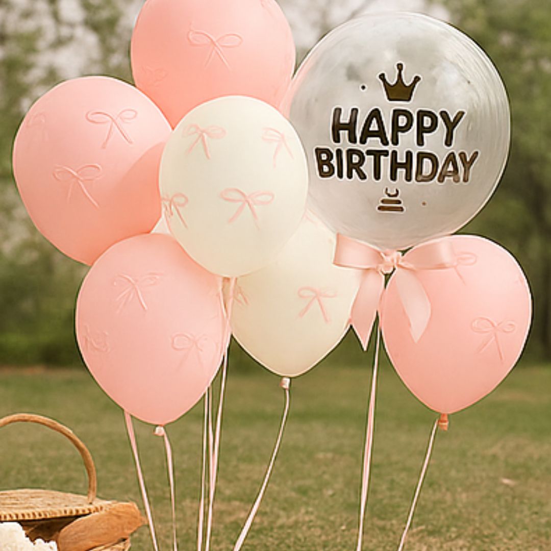 Happy Birthday Pink & White Latex Balloons with Pink Ribbon Combo Set - 38PC