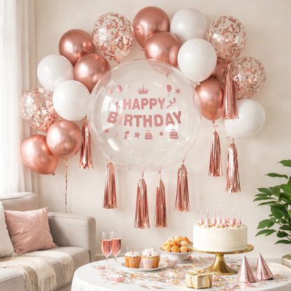 Happy Birthday Rose Gold Balloons and Rose Gold Confetti Balloons Combo Set - 22PC