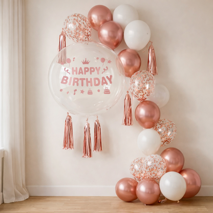 Happy Birthday Rose Gold Balloons and Rose Gold Confetti Balloons Combo Set - 22PC