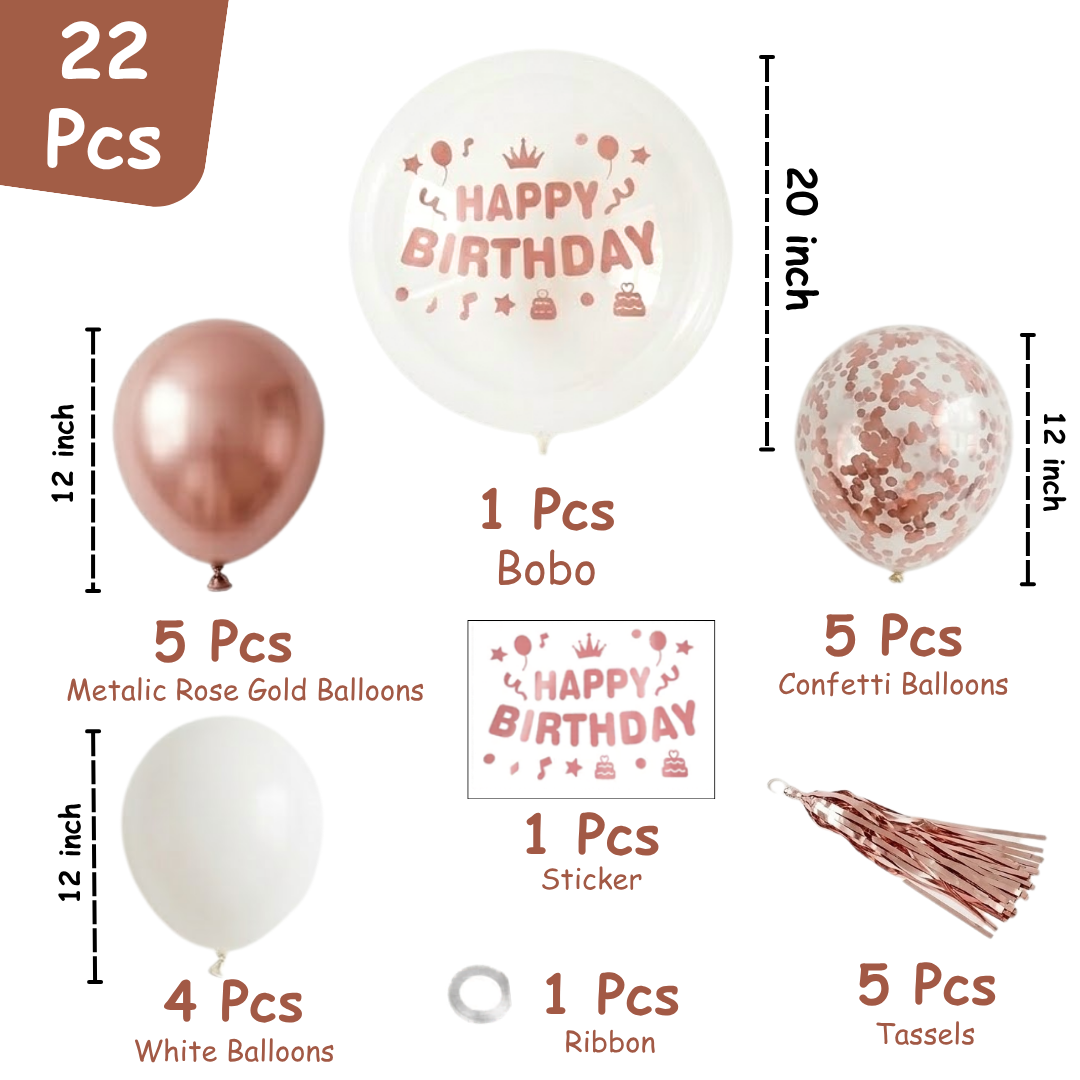 Happy Birthday Rose Gold Balloons and Rose Gold Confetti Balloons Combo Set - 22PC