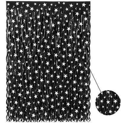 Curly Black and Silver Star Foil Curtain - 6FT x 3FT - 1PC