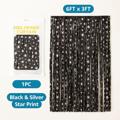 Curly Black and Silver Star Foil Curtain - 6FT x 3FT - 1PC