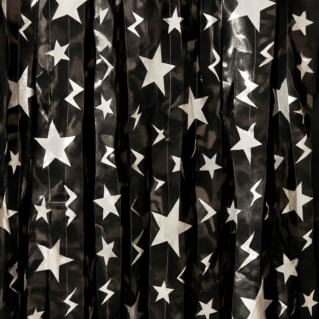 Curly Black and Silver Star Foil Curtain - 6FT x 3FT - 1PC
