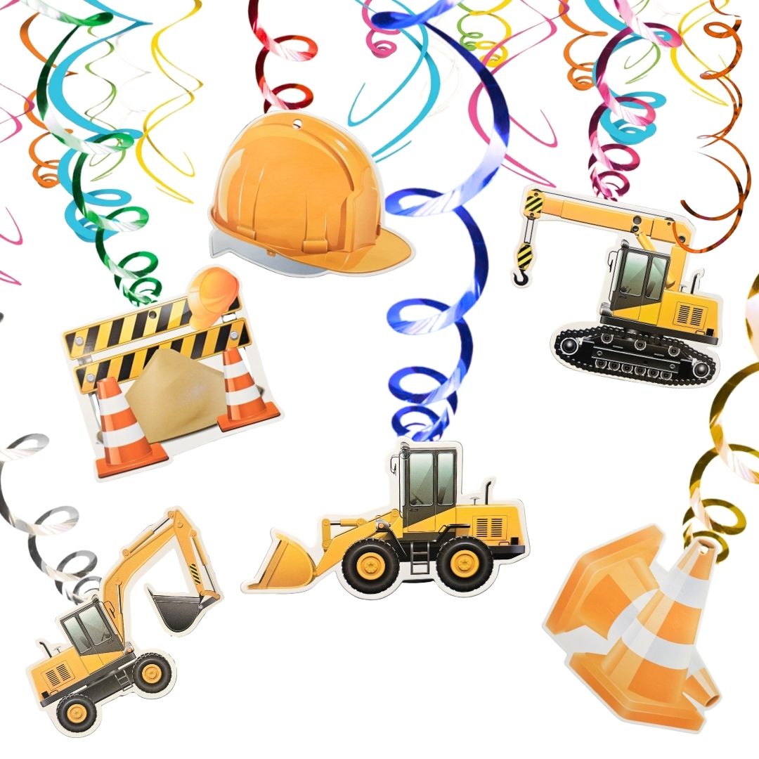 Under Construction Theme Swirl Hanging Decor w/ Cardstock Cutouts - 12 PC