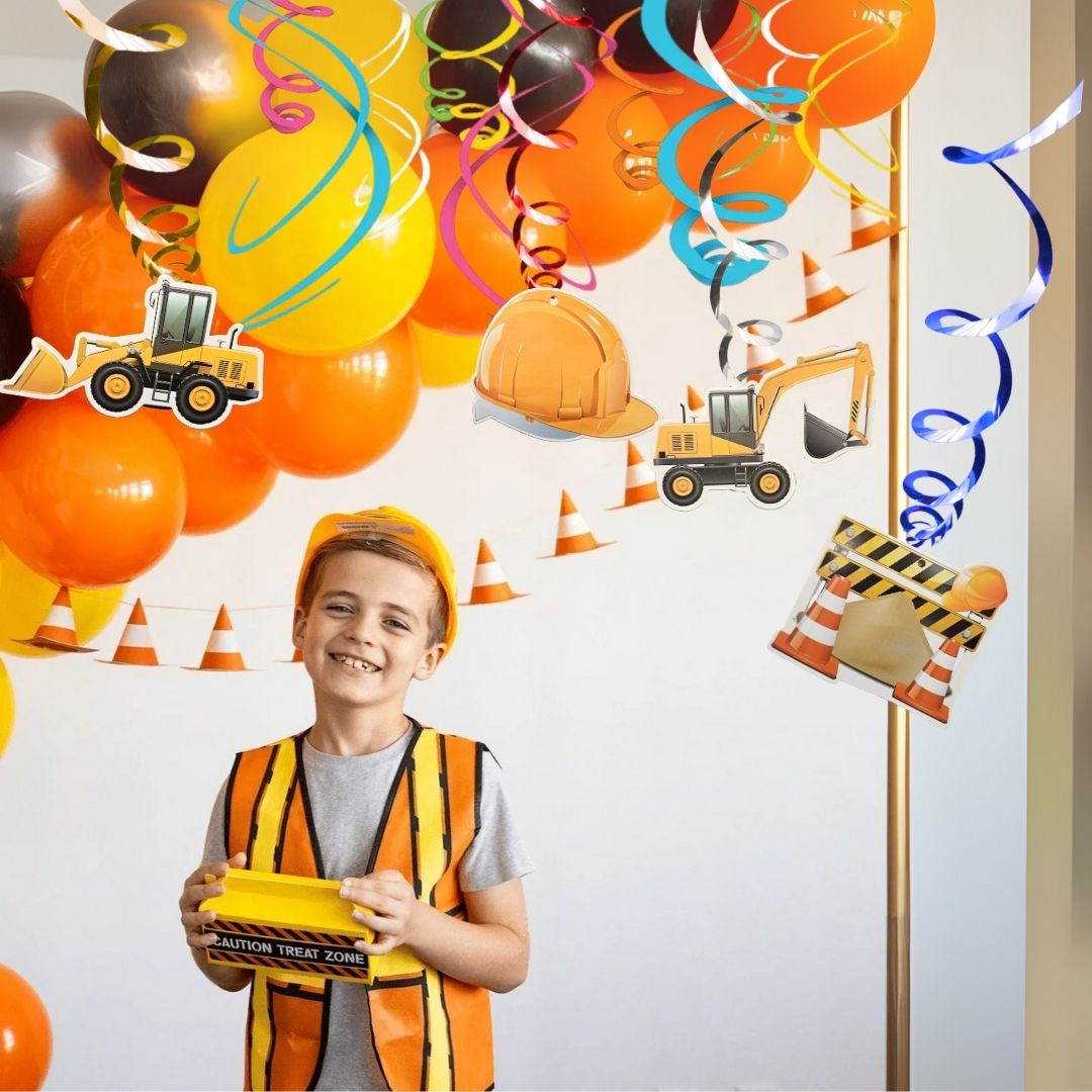 Under Construction Theme Swirl Hanging Decor w/ Cardstock Cutouts - 12 PC