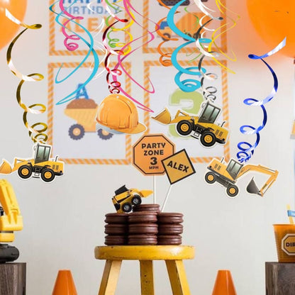 Under Construction Theme Swirl Hanging Decor w/ Cardstock Cutouts - 12 PC