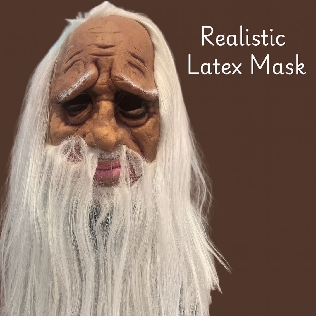 Realistic Old Man Latex Halloween Mask with White Beard - 1PC