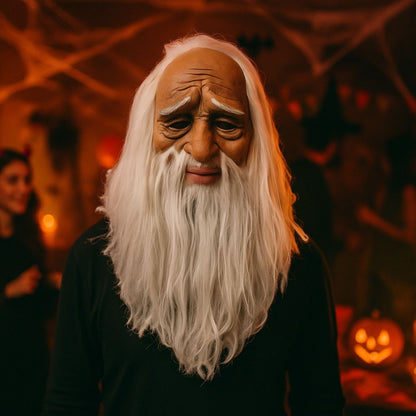 Realistic Old Man Latex Halloween Mask with White Beard - 1PC