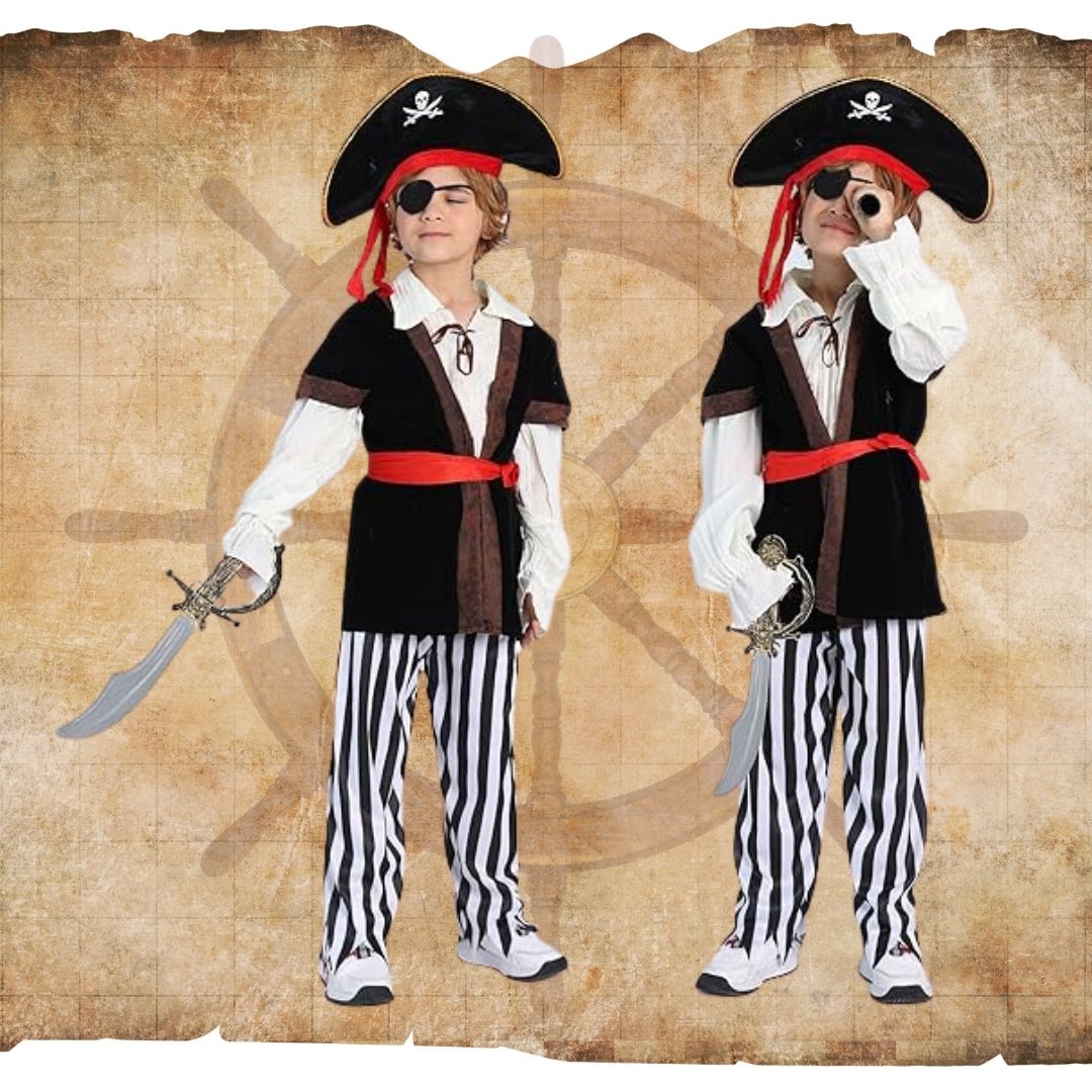 Smart Pirate Costume with Vest, Pants, Waist Belt, Hat & Eye Patch - Size M - Age 5 to 7 Years