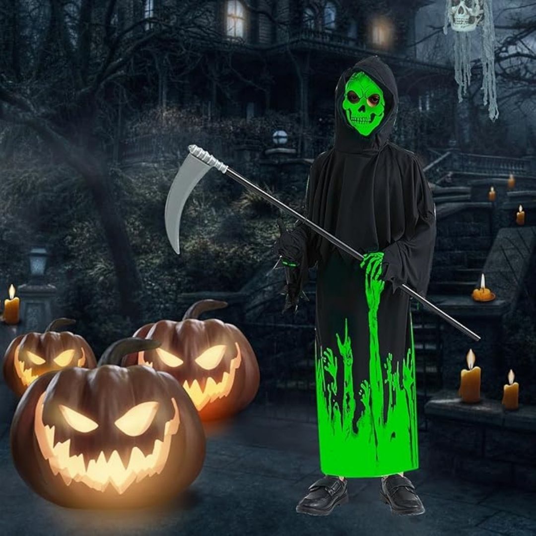 Glow in the Dark Hoody Mask Ghost Costume with Glow Gloves - Size S - Age 3 to 5 Years
