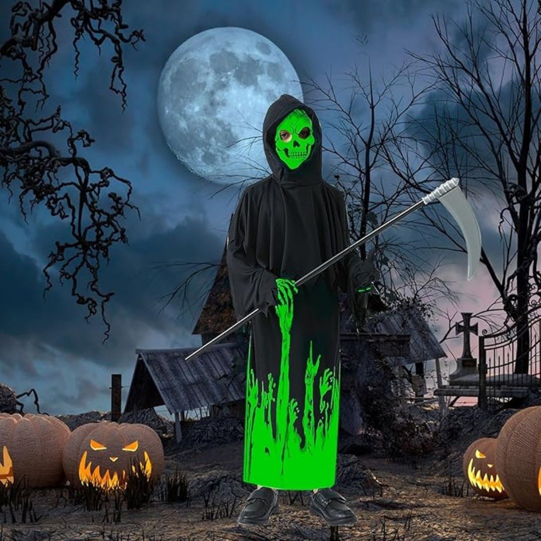 Glow in the Dark Hoody Mask Ghost Costume with Glow Gloves - Size S - Age 3 to 5 Years