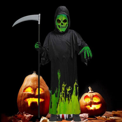 Glow in the Dark Hoody Mask Ghost Costume with Glow Gloves - Size L - Age 7 to 9 Years