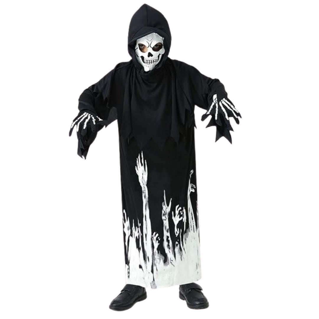 Glow in the Dark Hoody Mask Ghost Costume with Glow Gloves - Size L - Age 7 to 9 Years