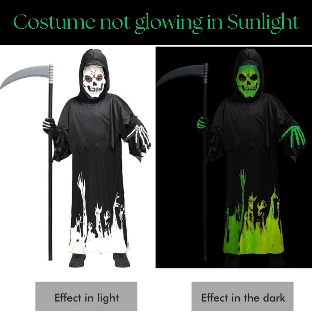 Glow in the Dark Hoody Mask Ghost Costume with Glow Gloves - Size L - Age 7 to 9 Years