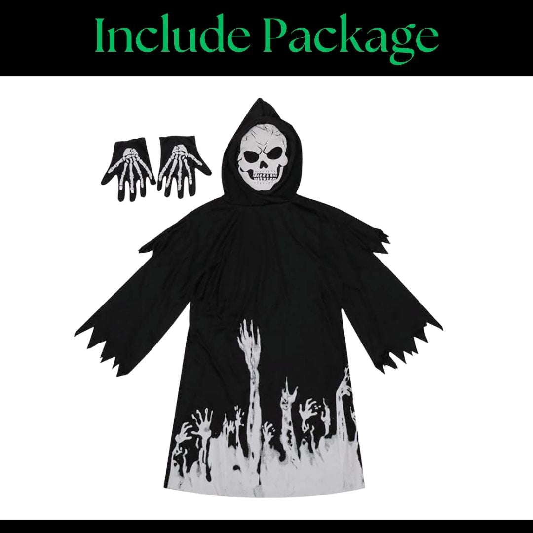 Glow in the Dark Hoody Mask Ghost Costume with Glow Gloves - Size L - Age 7 to 9 Years