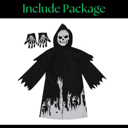 Glow in the Dark Hoody Mask Ghost Costume with Glow Gloves - Size L - Age 7 to 9 Years