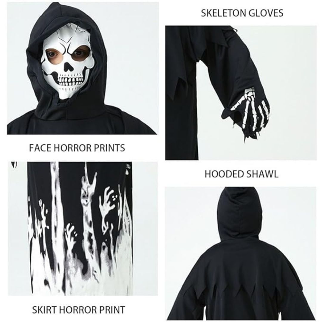 Glow in the Dark Hoody Mask Ghost Costume with Glow Gloves - Size L - Age 7 to 9 Years
