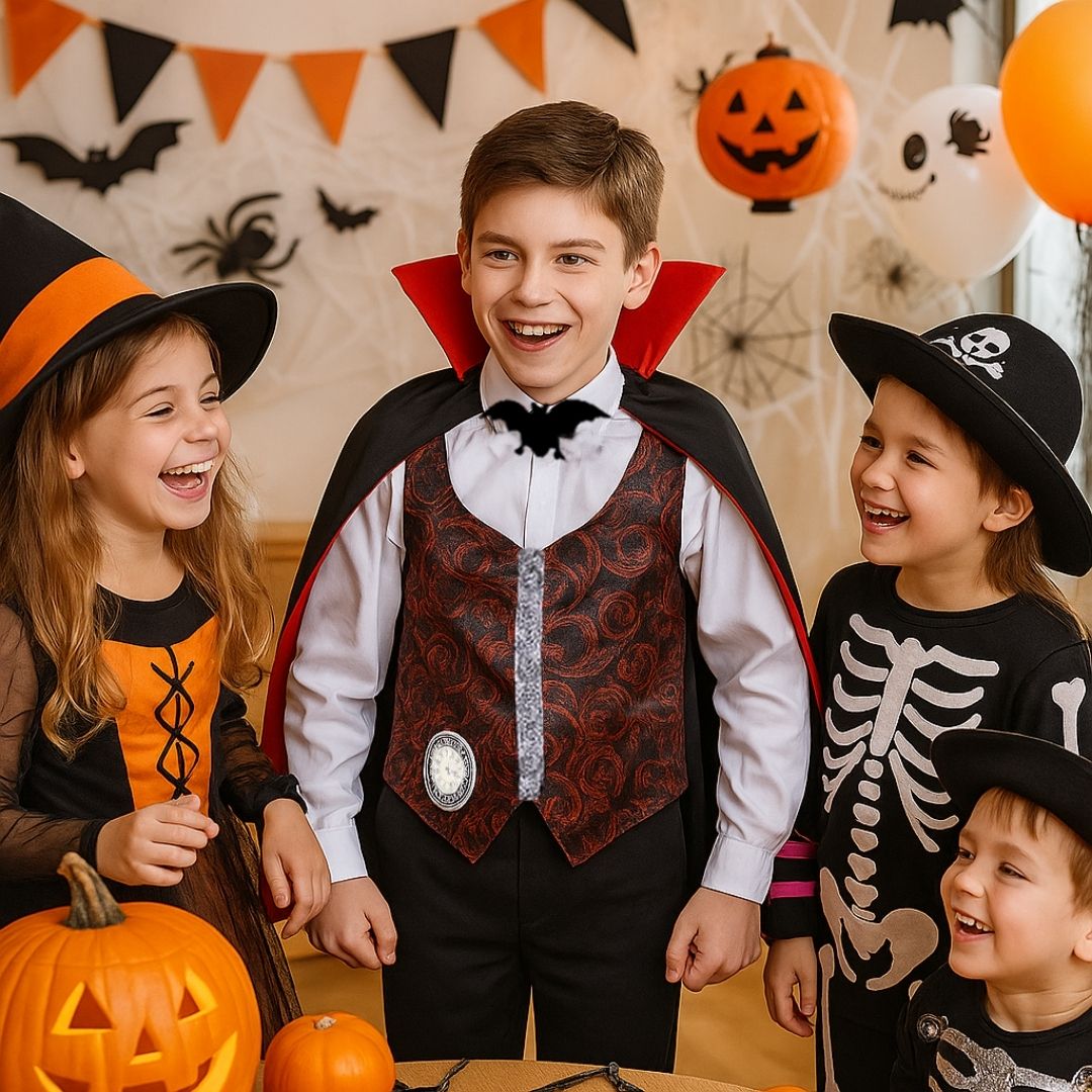 Scary Vampire Costume w/ Neck Choker, Vest, Pants & Cape for Kids