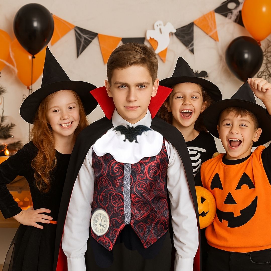 Scary Vampire Costume w/ Neck Choker, Vest, Pants & Cape for Kids