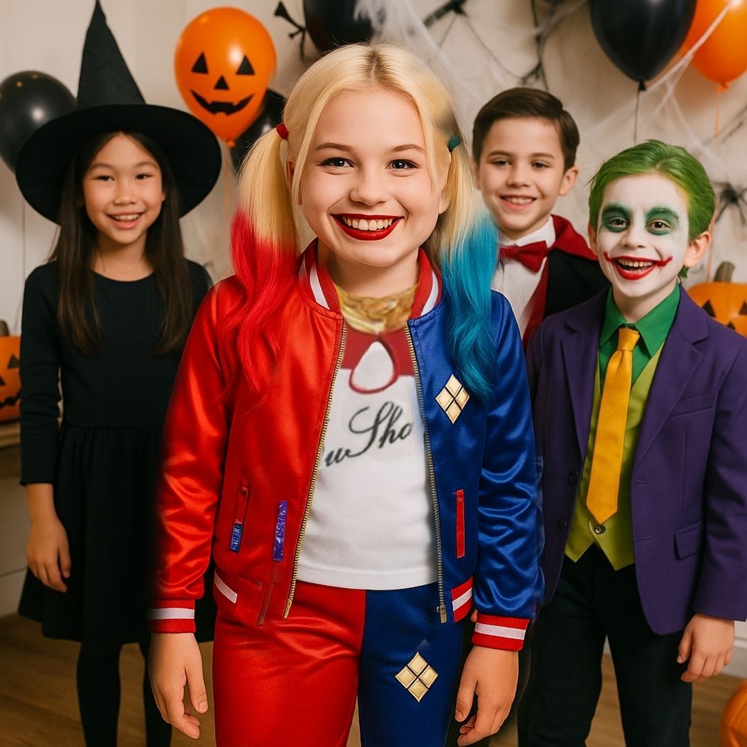Harley Quinn Red & Blue Costume with Jacket, Pants and Sleeveless Tees