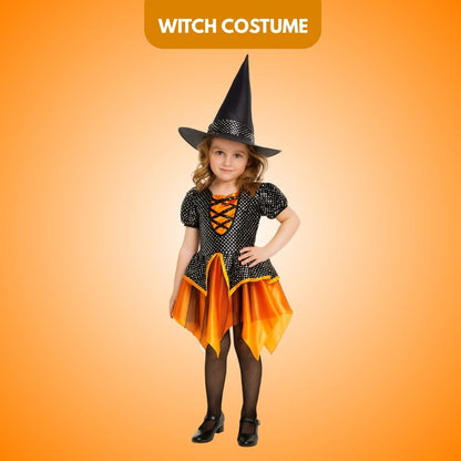 Witch Dress Black and Orange with Witch Hat - Size M - Age 5 to 7 Years