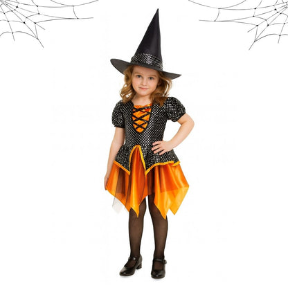 Witch Dress Black and Orange with Witch Hat - Size M - Age 5 to 7 Years