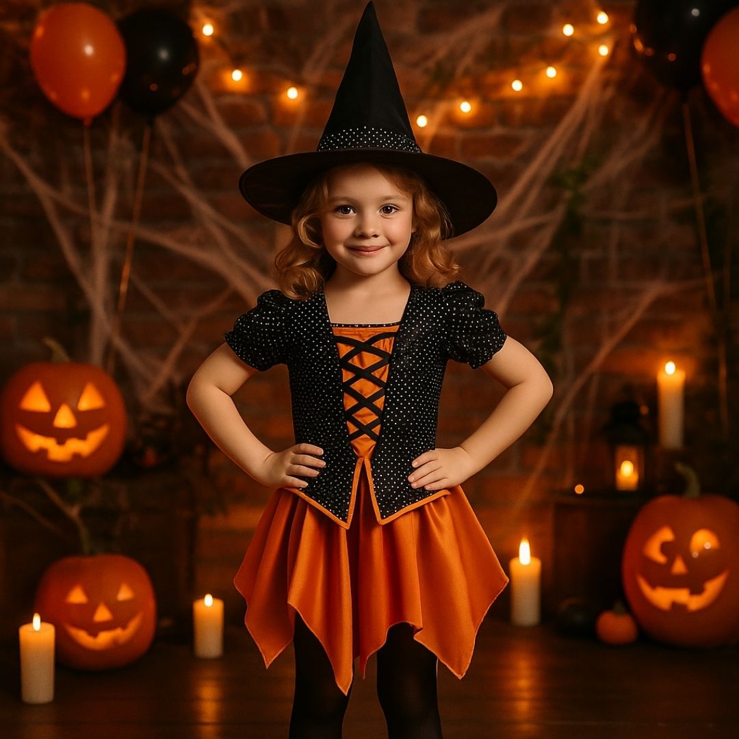 Witch Dress Black and Orange with Witch Hat - Size M - Age 5 to 7 Years