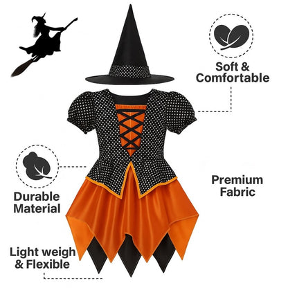 Witch Dress Black and Orange with Witch Hat - Size M - Age 5 to 7 Years