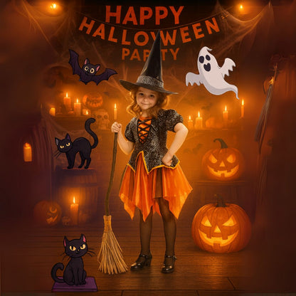 Witch Dress Black and Orange with Witch Hat - Size M - Age 5 to 7 Years